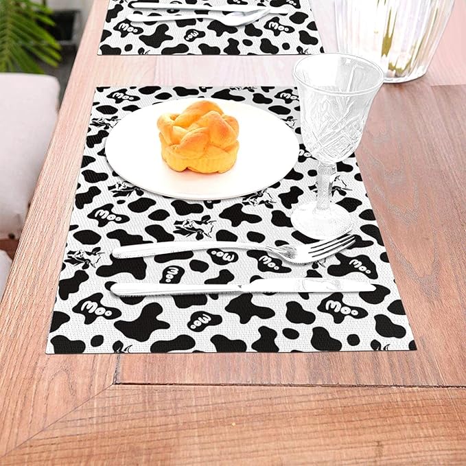 Cow Print Placemats Set of 4 Linen 12"x18" Black White Decorative Place Mats Washable Kitchen Table Mats for Dining Outdoor Farmhouse Home Decor Holiday Party Dining Mat