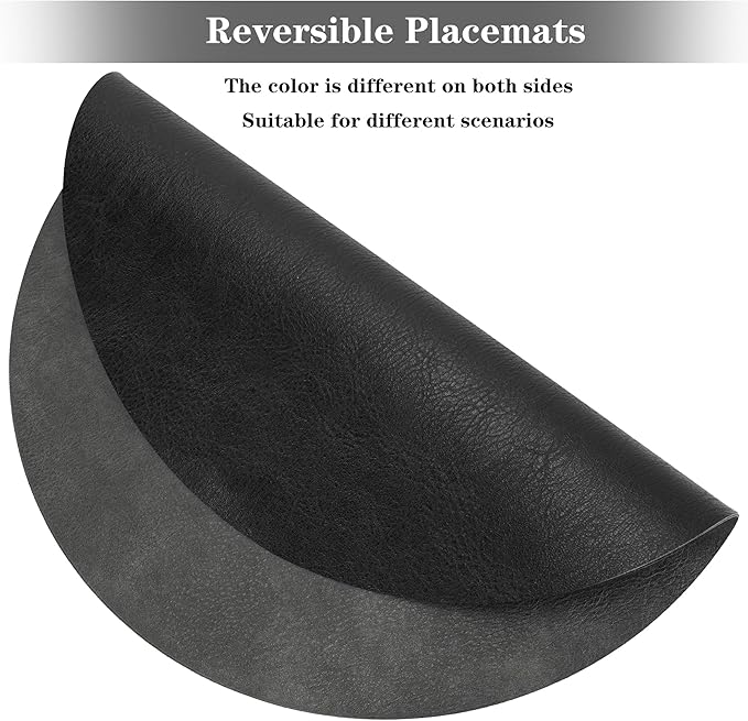 Round Placemats and Coasters Set of 4, Washable Reversible Faux Leather Placemats Cowhide Pattern Place Mats Wipeable Non-Slip 15 inch Round Kitchen Dining Table Mats (Gray Black, 4)