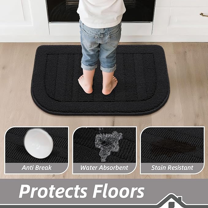 BEQHAUSE 24x40 Inch Kitchen Rug Mat Durable Kitchen Rugs Non-Slip Washable Absorbent Kitchen Mats for Floor Dirt-Resistant Semicircular Kitchen Mat (Black)