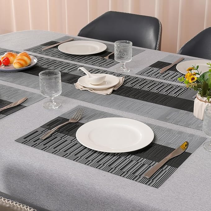 Placemats Set of 6, Vinyl Woven Place Mats Indoor Set of 6 Washable Wipeable PVC Table Mats Heat-Resistant Non Slip Plastic Placemat for Kitchen Dining Outdoor Table (Gray Black, Set of 6)