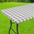 Smiry Rectangle Picnic Table Cloth, Elastic Waterproof Fitted Vinyl Tablecloths, Flannel Backed Buffalo Plaid Table Covers for Dining, Camping, Outdoor (White and Khaki, 30" x 96")