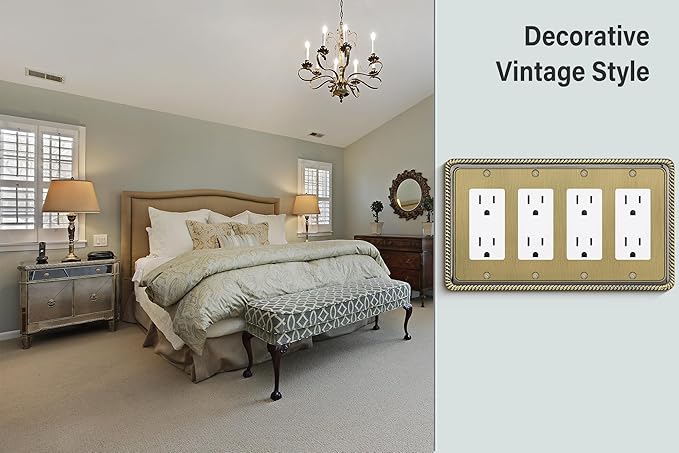 Henne Bery Rope Edge Decorative Wall Plate Switch Plate Outlet Cover (Quad Decorator, Antique Brass)