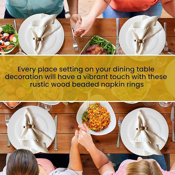 Napkin Rings Set of 6 - Modern Napkin Holder Rings with Wooden Beads | Dinner Napkin Ring for Holiday & Christmas, Birthday Party, & Wedding Decor - Farmhouse Napkin Rings Bulk (Loggi)