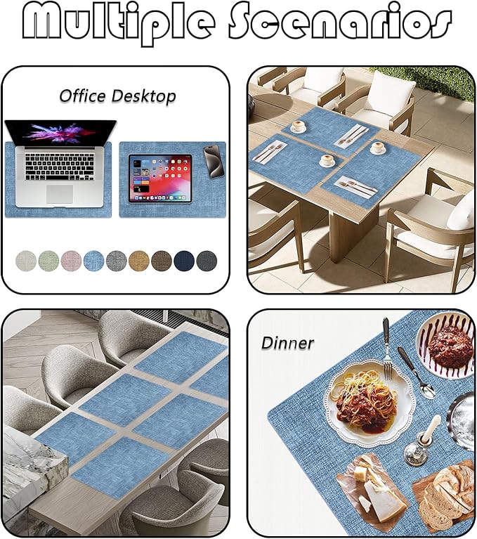 Placemats Set of 6 Faux Leather Heat Resistant Tables Mats Waterproof Oilproof Wipeable Reversible Anti-Slip Place Mats for Kitchen/Dining/Party/Outdoor 11.8" x 16.9", Light Blue