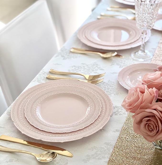 " OCCASIONS " 80 Plates Pack,(40 Guests) Extra Heavyweight Vintage Wedding Disposable/Reusable Plastic Plates 40x11'' Dinner+40 x 8.25'' Salad/Dessert Plate (Chateau Blush Pink)