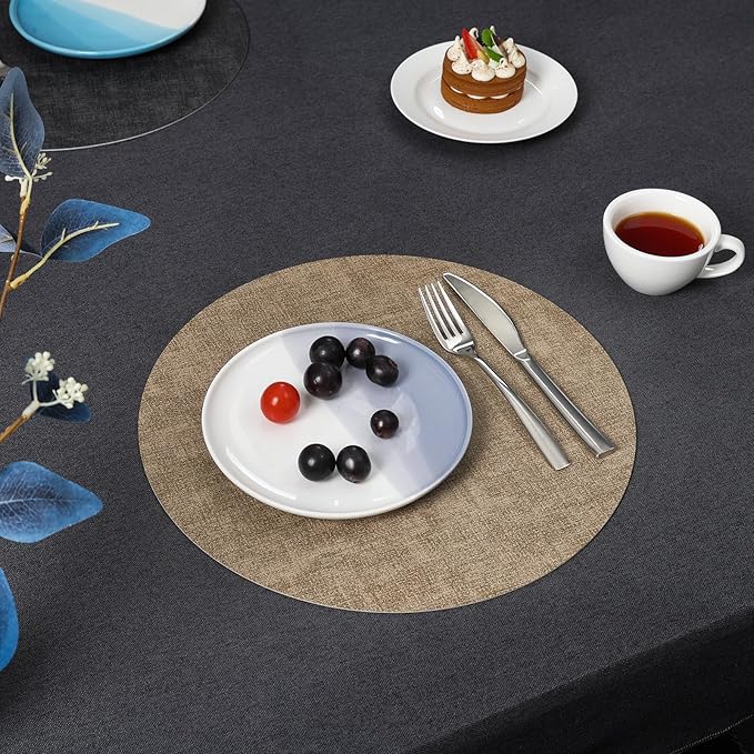 Myir JUN Round Placemats Dual Sided, Faux Leather Place Mats Set of 8 Indoor Placemats for Dining Table Outdoor Non-Slip Washable Table Mats (Set of 8, Gray Beige)