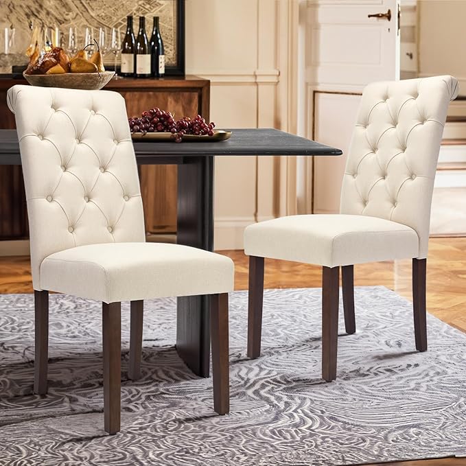 COLAMY Tufted Dining Chairs Set of 6, Accent Parsons Diner Chair Upholstered Fabric Stylish Kitchen Chairs with Solid Wood Legs, Beige