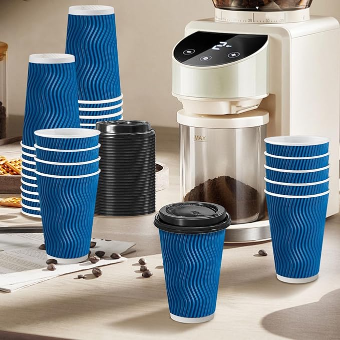 100 Pack Coffee Cups with Lids 16 oz, Disposable Insulated Ripple Wall To Go Paper Coffee Cups for Hot/Cold Drinks Office Home Shop Event (Navy)