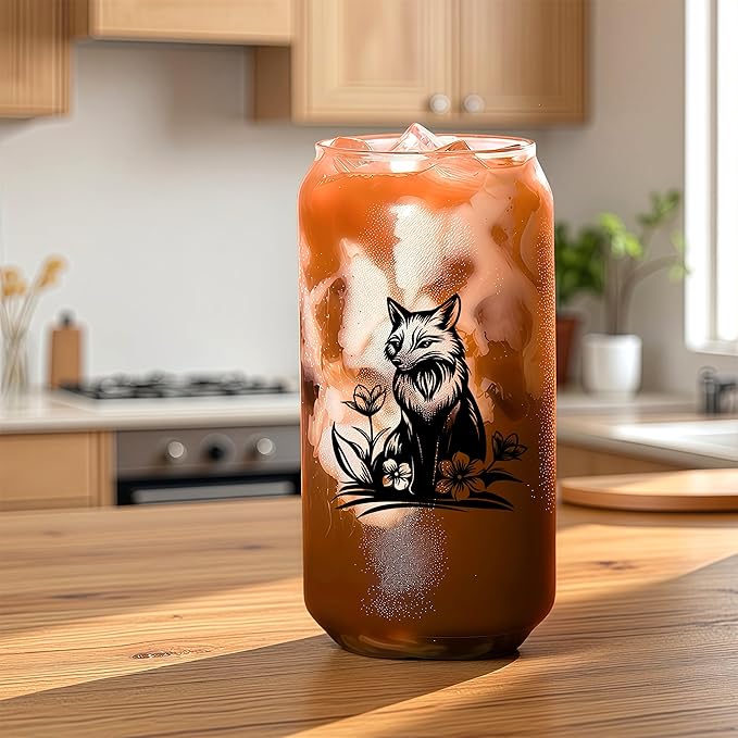 Cute Fox Glass Cup With Lids And Straws, Fox Gift For Women, Iced, Coffee, Smoothie, Cocktail, Beer, Whiskey, Soda, Matcha,16 Oz, Home Office Table Desk Decoration!