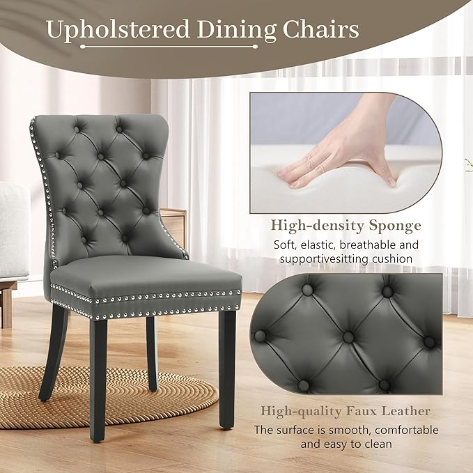 KCC Faux Leather Dining Chairs Set of 2, Upholstered High-end Tufted Dining Room Chair with Nailhead Back Ring Pull Trim Solid Wood Legs, Contemporary Nikki Collection Modern Style for Kitchen, Gray