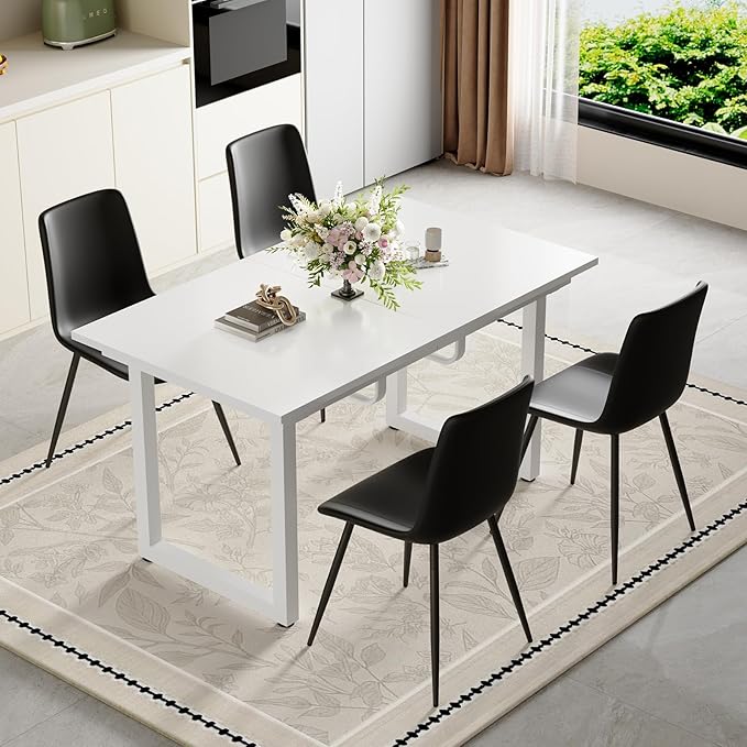 Extendable Dining Table Set for 4, 55"–71" Modern White Kitchen Table with 4 Upholstered Chairs, Space-Saving for Living Room Apartment, Sturdy & Comfortable, Easy Assembly