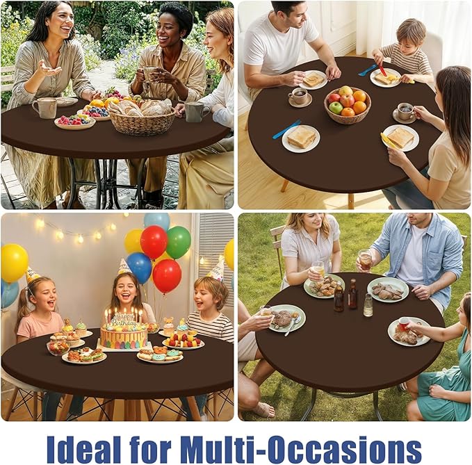 Round Spandex Tablecloth, Elastic Fitted Waterproof Tablecloths for 57"-68" Tables, Stretch Washable Picnic Table Cover for Camping, Dining, Indoor and Outdoor, Coffee