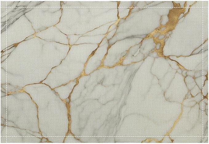 Marble Linen Placemats Set of 4, Modern Abstract Foil Texture White Gold Marble Washable Place Mats, Non Slip Placemat for Home Party Dining Tables Wedding Kitchen Banquets Decor 12x17 Inch