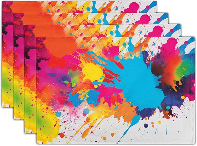 Colorful Placemats Set of 4 - Art Place Mats 12x18 Inch Rainbow Paint Splashing Artist Dining Table Place Mats for Home Party Dining