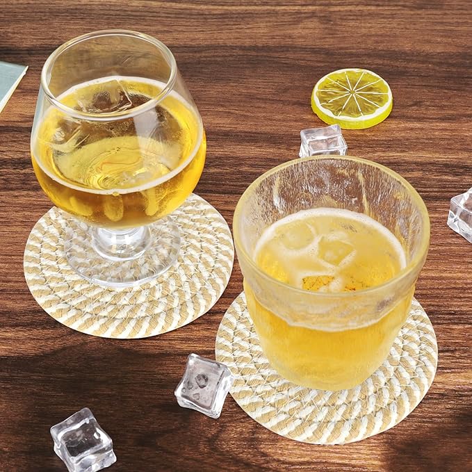 ABenkle 8 Pcs Drink Coasters with Holder, Cotton Woven Absorbent Coasters for Drinks, Minimalist Home Decor Coaster Set for Wooden Tabletop Protection Table, 4.3 inches White Khaki Stripes