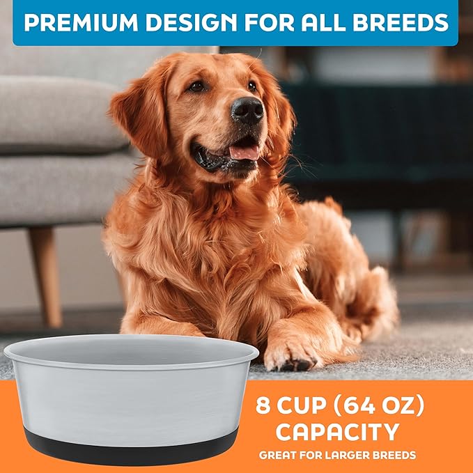 Master Pet Supply Stainless Steel Dog Bowls Set of 2 with Extra Thick Silicone Base - 8 Cup (64 oz) Black Velvet, Non-Slip, Dishwasher Safe Metal Bowls, Pet Dog Food Bowl for Dogs, Cats, Anti Rust