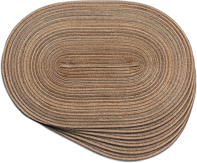 Noctiflorous Oval Braided Placemats Set of 6 Woven 12x18 Inch Non Slip Washable Heat Resistant Place Mats Round Tablemats for Dining Kitchen Party Daily Table Decor Dinner Mats (Brown, 6)