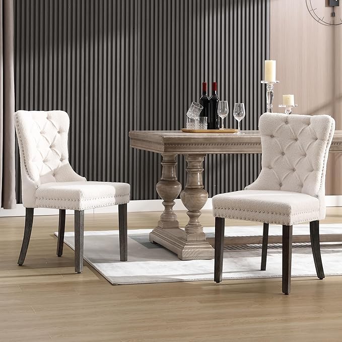 KCC Boucle Dining Chairs Set of 2, Upholstered High-end Tufted Dining Room Chair with Nailhead Back Ring Pull Trim Solid Wood Legs, Contemporary Nikki Collection Modern Style for Kitchen, Cream