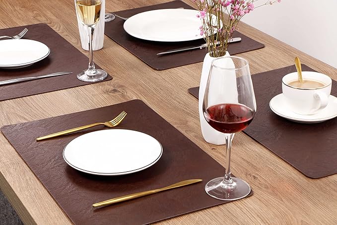 Set of 6 Faux Leather Placemats, PU Table Mats, Waterproof, Stain Resistant, Heat Resistant, Non-Slip Easy to Clean for Kitchen Dining Table,Conference Table F Dark Brown