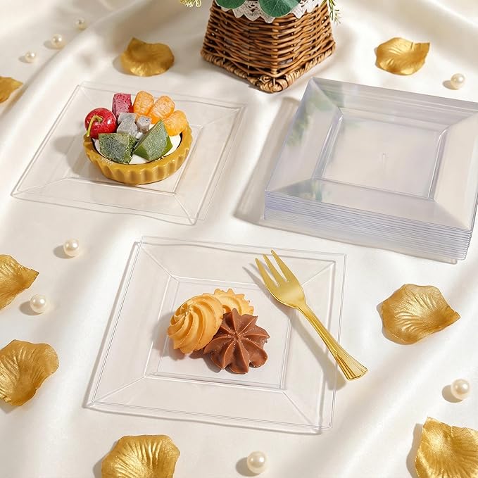 200pcs Square Dessert Plates Includ 100pcs 6inch Appetizer Plates,100pcs 5inch Plastic Forks,Clear Dessert Plates Disposable Appetizer Plates Serve 100 Guests For Wedding Party&Valentine's Day