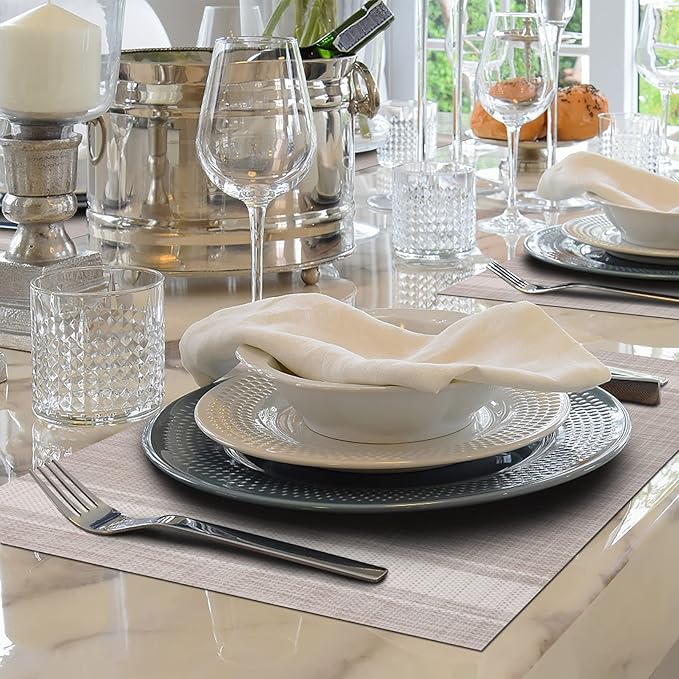 Winknowl Placemats Set of 8, Heat Resistant Non-Slip Vinyl Woven Table Mats for Dining Table, Washable Durable Elegant Place Mats for Kitchen Indoor/Outdoor Use (Beige White)
