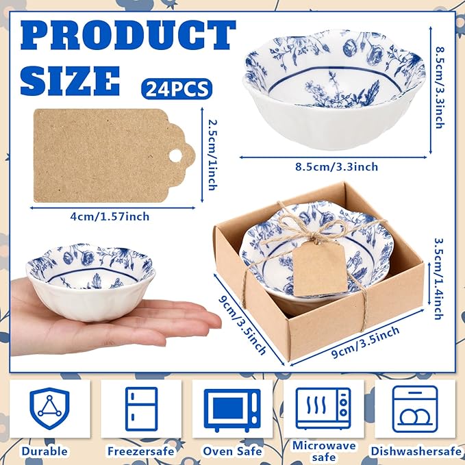 12 Pcs Wedding Favors for Guests Small Ceramic Bowl Bulk Gifts Set 3.3 Inch Floral Design Mini Dipping Sauce Dish with Card Box for Bridal Pooja Baby Shower Birthday Guest Gift (Blue)