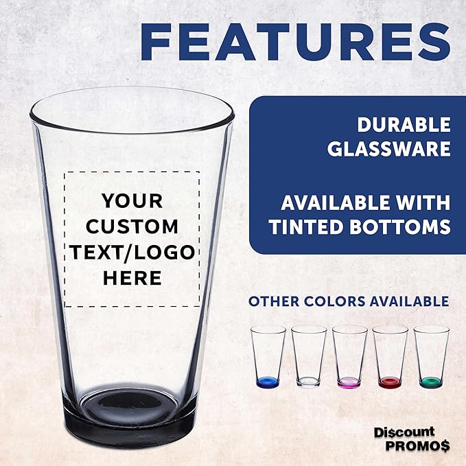 DISCOUNT PROMOS Custom Beer Pint Glasses 16 oz. Set of 10/50/100, Personalized Bulk Pack - Heavy Duty Glassware for Restaurant, Thick Base and Walls, Stackable - Black