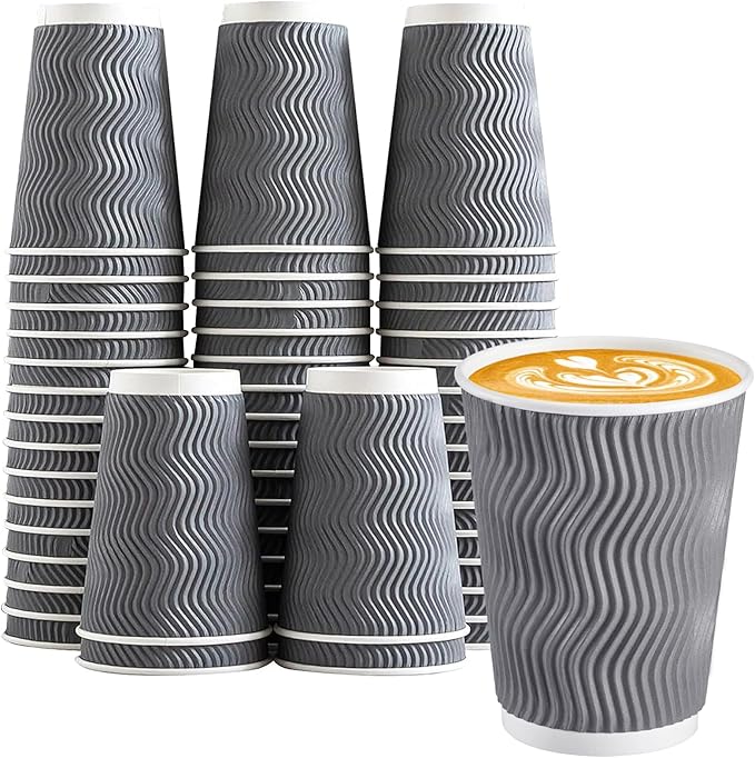 Lamosi 12 oz Insulated Coffee Cups Disposable - 50 Count Grey Paper Coffee Cups No Lids 12oz, Corrugated Ripple Wall Design for Hot Cold Drinks