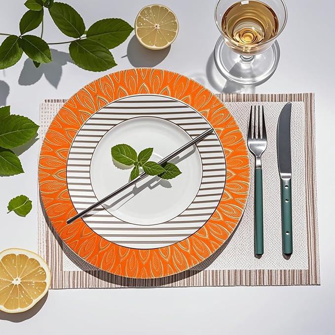 Orange Charger Plates, 13 Inch Set of 6 Plastic Peacock Chargers for Dinner Plates,Table Settings, Easter, Thanksgiving, Christmas Party, Family Gathering.