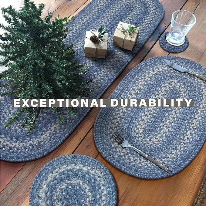 Homespice Denim Braided Oval Table Runner, Country Coastal Decor, Blue 11x36 - Jute Dining Table Accessories - Rich Colors, Easy to Clean, Durable and Protects Furniture