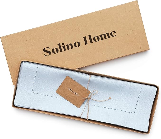Solino Home Linen Cloth Placemats Set of 6-100% Pure Linen Hemstitch Light Blue Placemats 14 x 19 Inch - Classic Hemstitch Table Place Mats for Winter, Spring, Easter