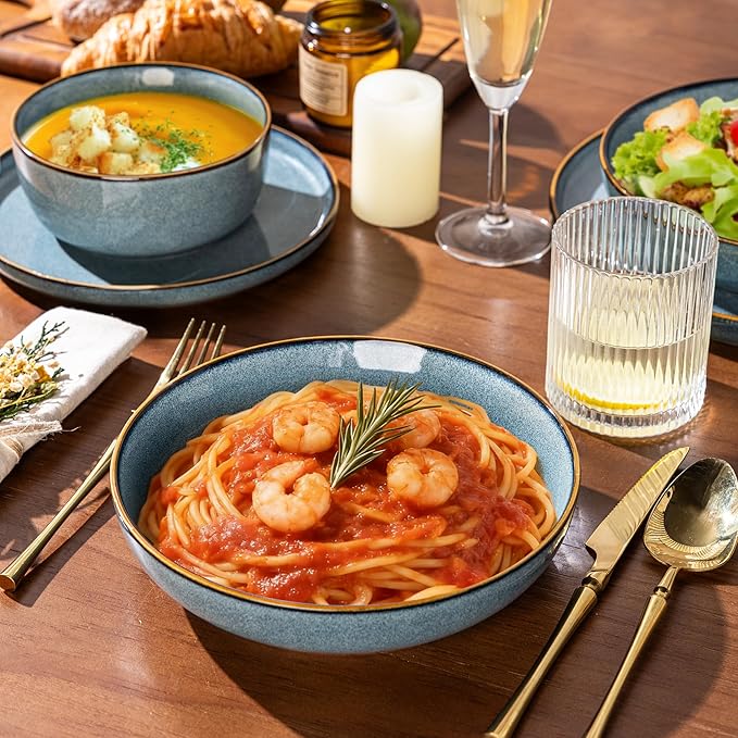 GBHOME 16 Pieces Double Bowls Ceramic Dinnerware Sets for 4, Stoneware Plates and Bowls Set with Reactive Glaze, Scratch Resistant Stoneware Dishes Set, Dishwasher & Microwave Safe