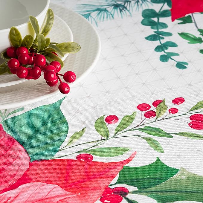 Maison d' Hermine Table Cloth Rectangle Table 100% Cotton 60 x 108 Inches Fall Tablecloth Reusable Everyday Use for Thanksgiving Christmas Decorations Dining Farmhouse Party (Poinsettia Christmas)
