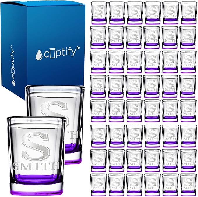 Personalized Square Shot Glasses Set of 50 Purple Bottom 2oz Engraved Initial and Name Custom Gifts, Weddings, Birthdays, Party, Event, Decorations