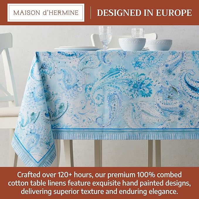 Maison d' Hermine Premium Table Cloth Rectangle Table 100% Combed Cotton 90 x 70 Inches Tablecloth Reusable Decorative for Dining Room, Farmhouse, Home, Party, Festive & Wedding - Paisley Blues