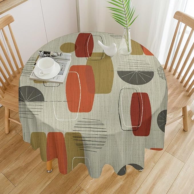 Retro Medieval Bohemian Round Tablecloth, Modern Mid Century Geometric Abstract Print Tablecloth for Home Party Dining Room Kitchen Decor 50Inch(127cm)