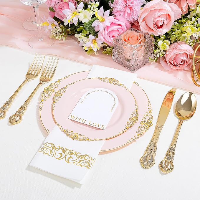 Ciaell 300PCS Pink and Gold Plastic Plates - Pink Disposable Dinnerware Sets for 50 Guests - 100 Plates, 50 Knives, 50 Forks, 50 Spoons, and 50 Napkins for Wedding, Party & Valentine's Day