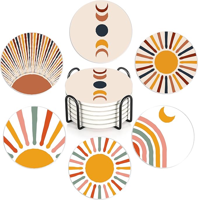 Drink Coasters with Holder,6 Pcs Boho Minimalist Sun Moon Design, Water-Absorbent Beverage Pads for Dining Table Decor & Glass Protection