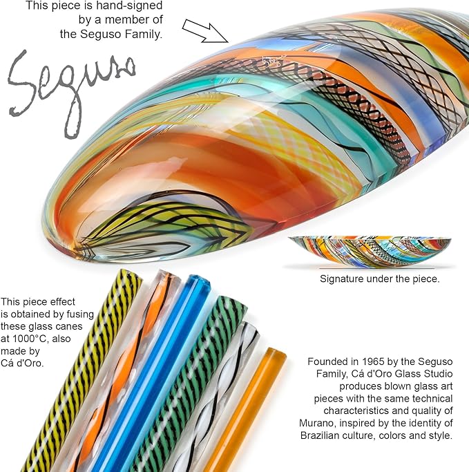 Ca D Oro Murano Style Small Decorative Bowl and Centerpiece Boho with Colored Canes Hand Blown Art Glass Crystal for Home and Room Decoration - 50 MS