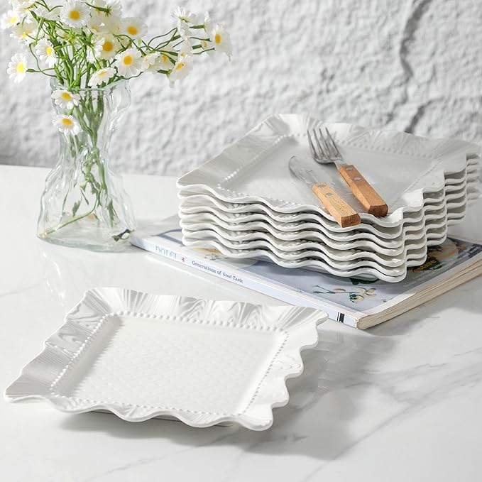 Neaylfe 8 inch Ceramic Dessert Salad Plates, Set of 8, Embossed Square Dinner Plates, Kitchen Porcelain Dish, Ceramic Flat Plates for Appetizer, Pancakes, Dishwasher & Microwave Safe