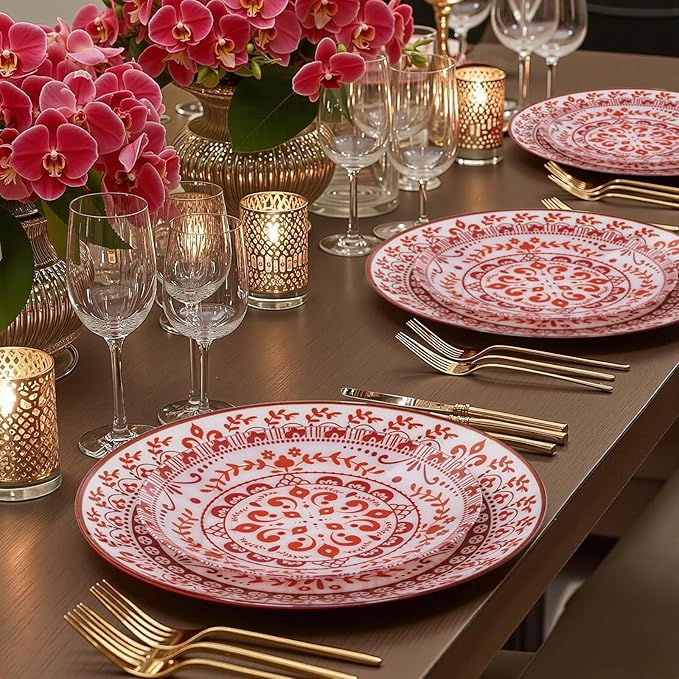 Hioasis 60pcs Red Plastic Plates Set - Floral Red & White Porcelain Design, 10.25" Dinner & 7.5" Dessert Plates Disposable for Christmas (Dishwasher Safe, Traditional Style)
