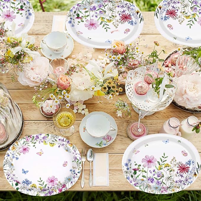 50Pcs Wildflower Oval Paper Plates 10" x 12" Heavy Duty Disposable Watercolor Flowers Butterfly Party Plates Floral Dessert Platters for Wedding Wildflower Baby Shower Birthday Picnic Party Supplies