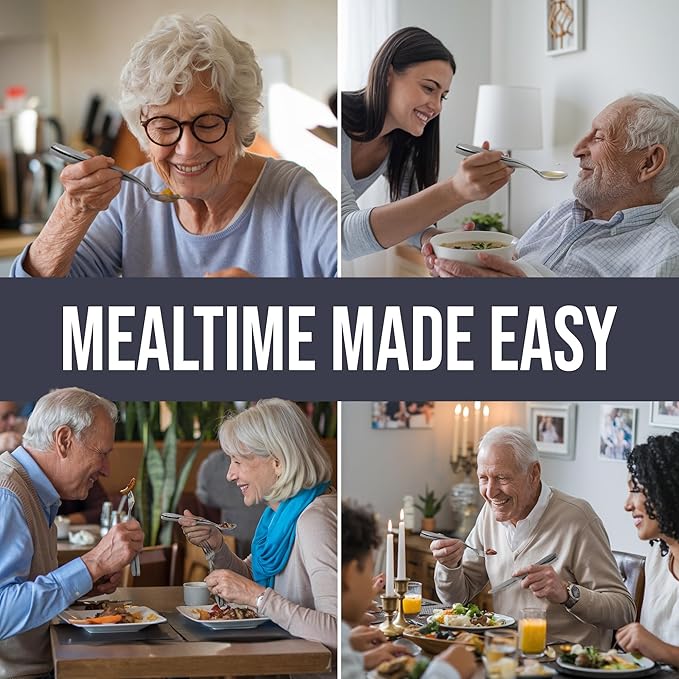 BUNMO Weighted Utensils for Hand Tremors – 4pc Adaptive Utensils for Elderly, Persons w/weak hands – Discreet Travel Wrap, Stainless Steel & Dishwasher Safe – Weighted Silverware Set