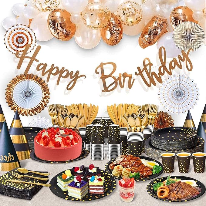 AIRE 175PCS Black Gold Paper Plates Party Supplies Dinnerware Sets for 25 Guests, Disposable Paper Party Plates, Dessert Plates, Cups, Napkins, Plastic Spoons, Forks, Knives for Wedding, Birthday