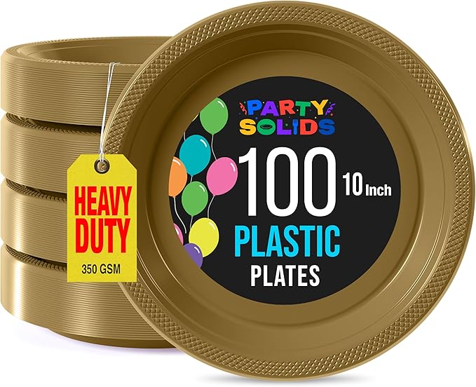 Gold Plastic Plates For Party 10" Gold Disposable Plates Heavy Duty 100 Pcs Plastic Dinnerware Sets Heavy Duty 350 GSM Disposable Dinnerware Set