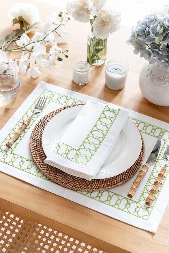 Hofdeco Premium Coastal Patio Indoor Outdoor Placemat Set of 4, 14"x19" Double-Layered, Waterproof Cloth Placemat for Kitchen or Dining Table. Green Embroidered Frame