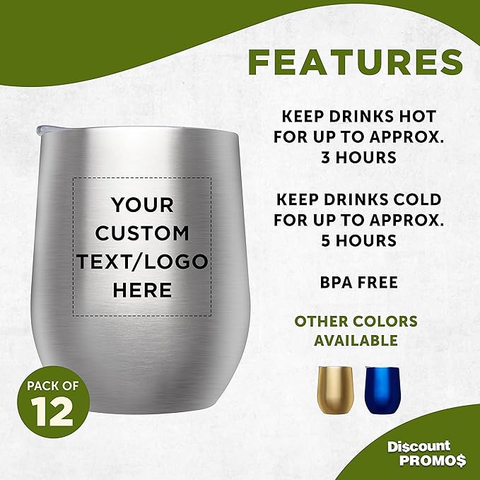 Custom Stemless Wine Glass Tumblers with Lids by Largo 11 oz. Set of 12, Personalized Bulk Pack - Perfect for Wine, Cocktails, Other Hot & Cold Beverages - Silver