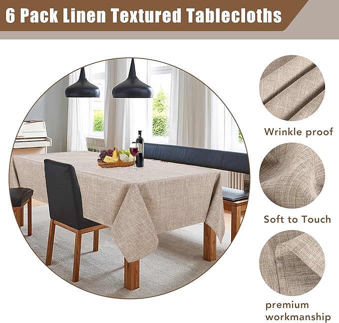 Fitable Faux Linen Tablecloths Rectangle 60 x 120 Inch - 6 Pack Neutral Table Clothes for 8 Foot Tables, Nature Faux Burlap Table Covers for Wedding, Party, Farmhouse, Banquet, Buffet