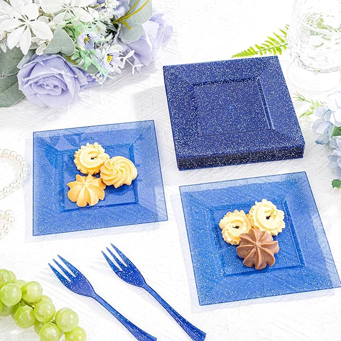 DaYammi 200Pcs Blue Dessert Plates with Forks- Small Disposable Dessert Plates- Serve 100 Guests include 100 Cake plates 6",100 Plastic Forks 5.7" for Party,Disposable Appetizer plates for Wedding