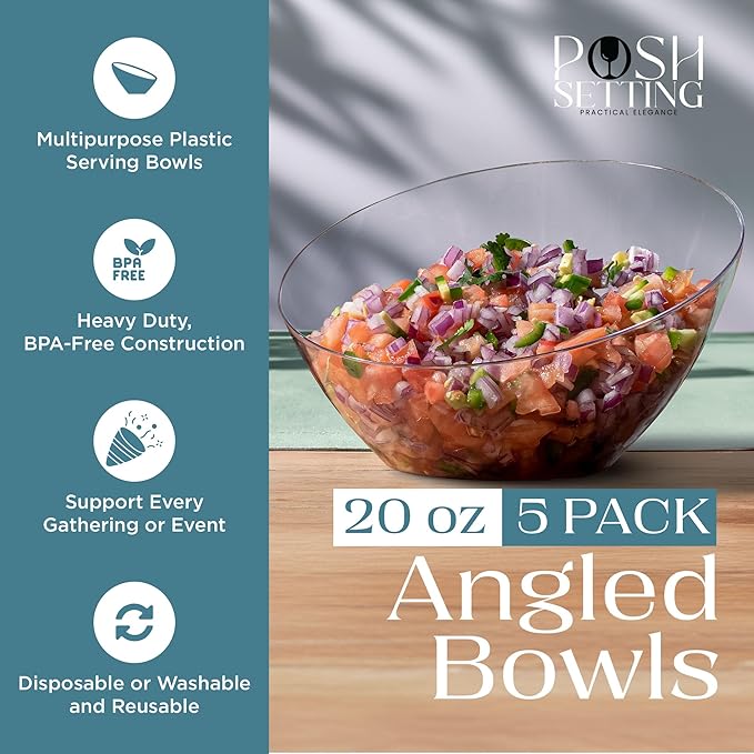 Posh Setting Crystal Clear, Disposable Premium Hard Plastic Medium Angled Bowl, Party, Salad, Snack and Fruit Bowl 5 Pack
